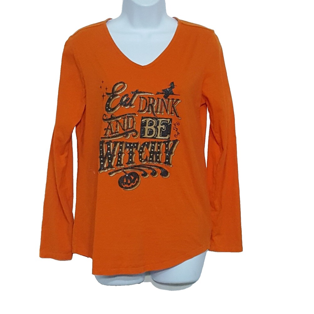 Vintage Halloween T Shirt Womens M Orange Long Sleeve Eat Drink and Be Witchy
